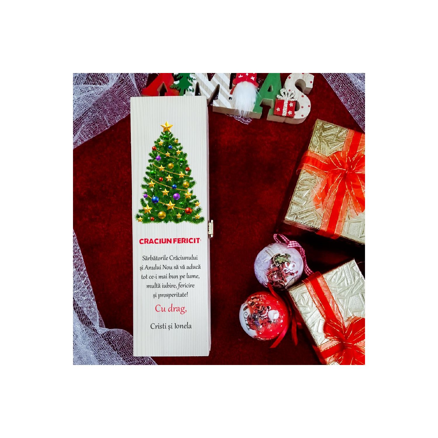 Cutie de vin personalizată Christmas tree cu mesaj