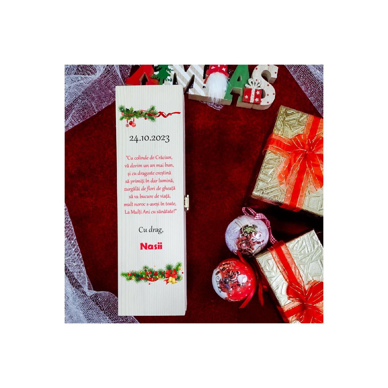 Cutie de vin personalizată de Crăciun cu mesaj și dată