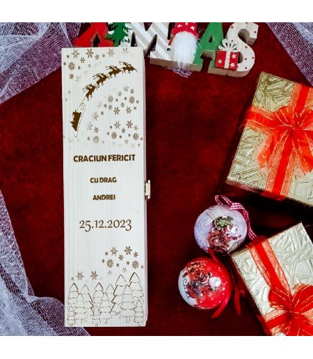Cutie de vin personalizată cu reni prin gravură