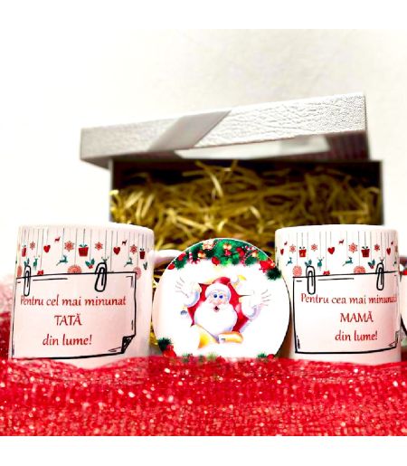 Set de două căni și două suporturi cu tematică de Crăciun