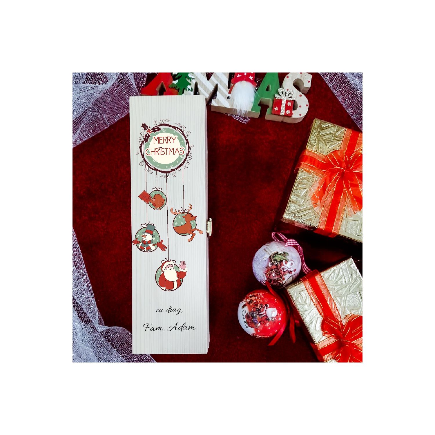 Cutie de vin personalizată cu globuri și nume