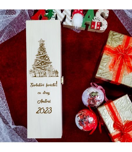 Cutie de vin personalizată specifică Crăciunului cu nume, mesaj și dată