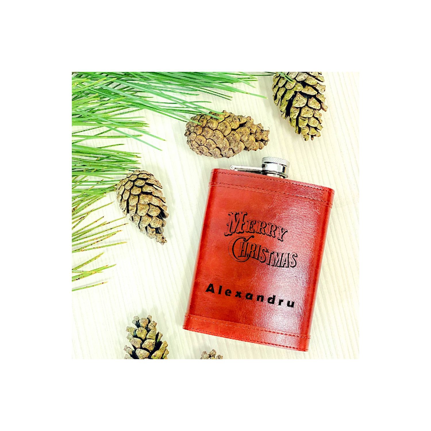 Sticlă de buzunar personalizată Merry Christmas și nume