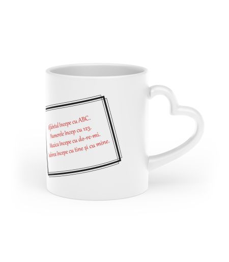 Cană personalizată cu toartă în formă de inimă și mesaj