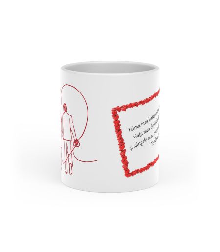 Cană personalizată cu toartă inimă și mesaj de dragoste