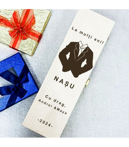 Cutie de vin personalizată pentru nașu cu mesaj, nume și dată