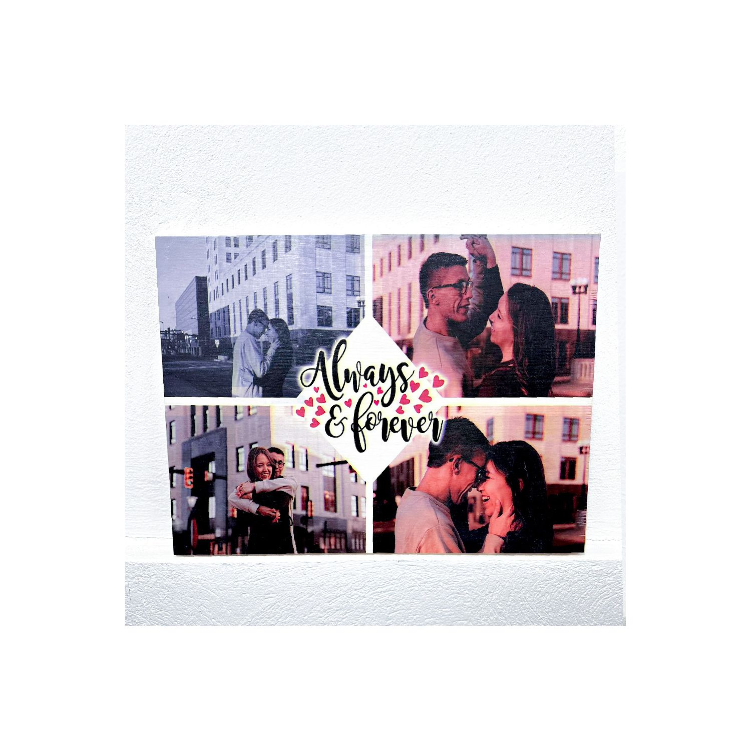 Tablou din lemn personalizat cu 4 fotografi și mesaj