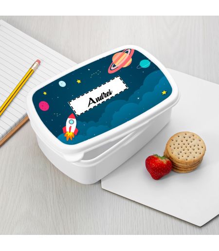 Lunch-box personalizat cu tematică spațială și nume