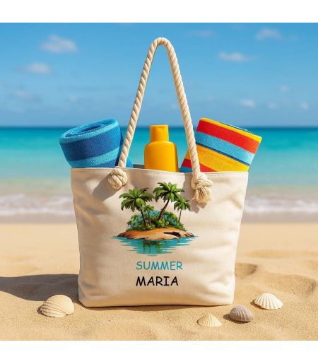 Geanta de plaja personalizata cu nume si palmieri