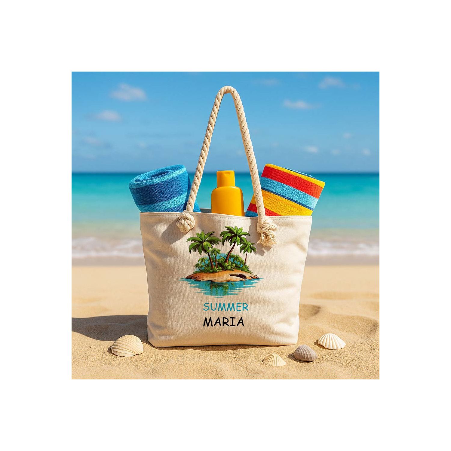 Geanta de plaja personalizata cu nume si palmieri