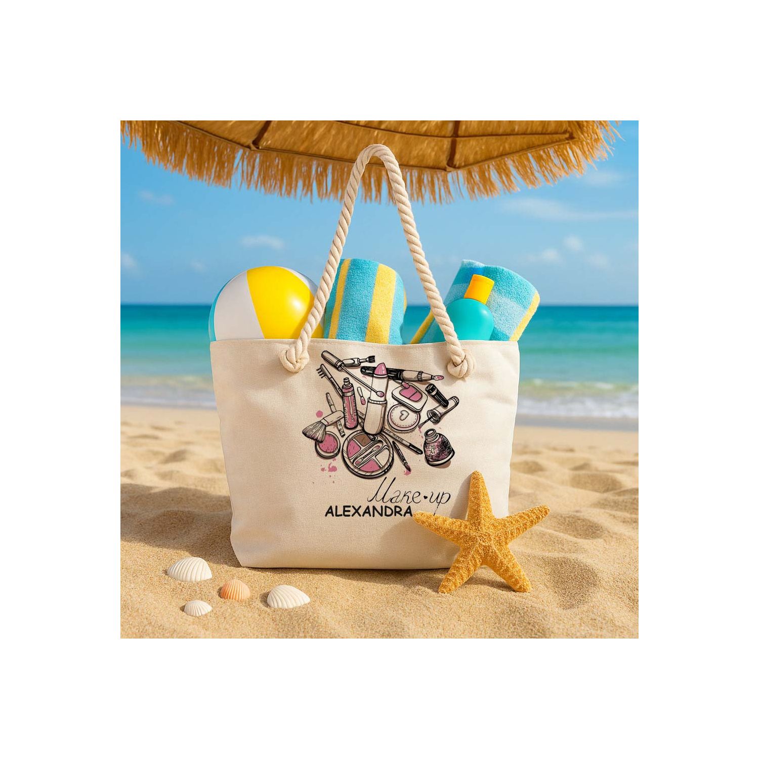Geantă de plajă personalizată cu imprimeu make up si nume