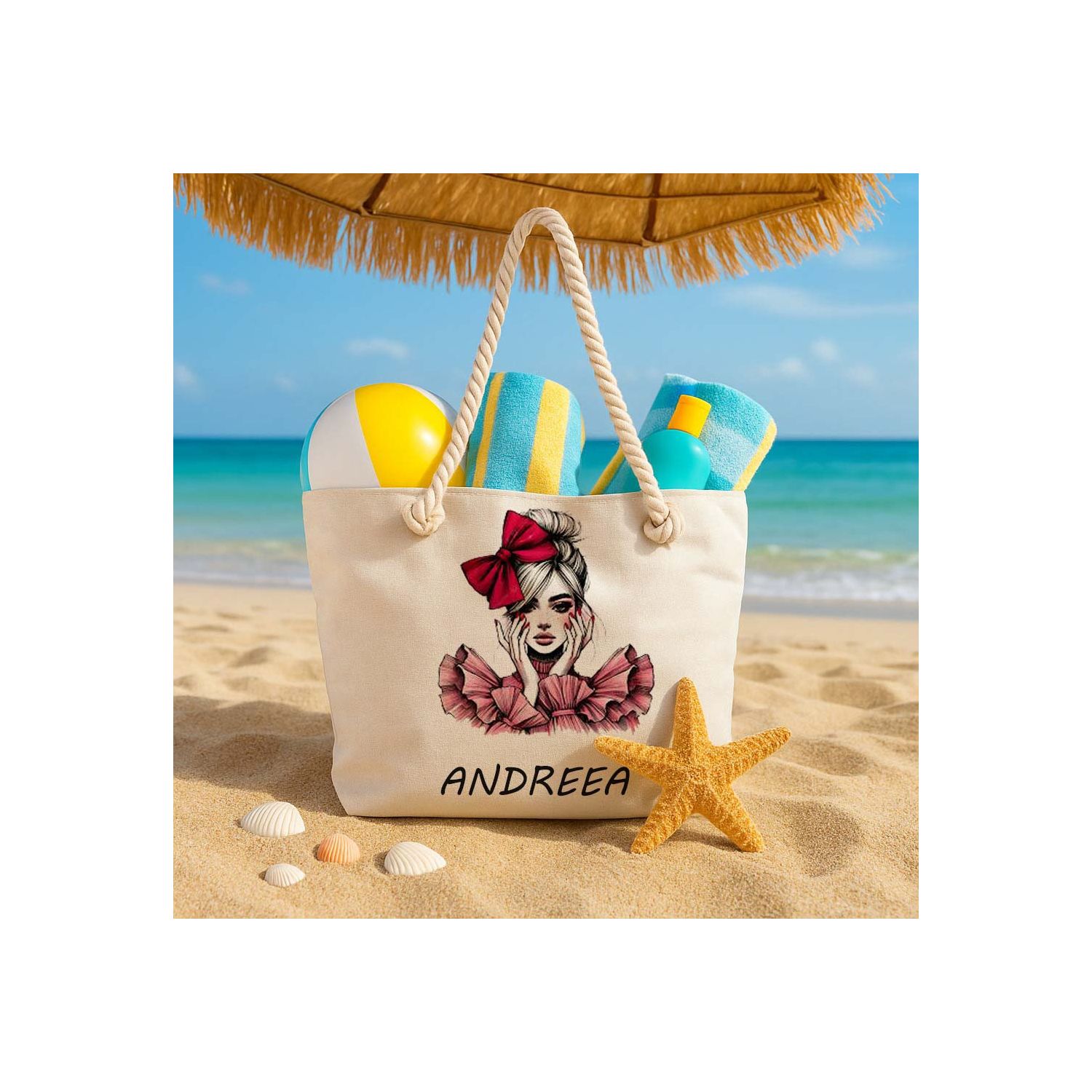 Geantă de plajă personalizată cu imprimeu girl și nume