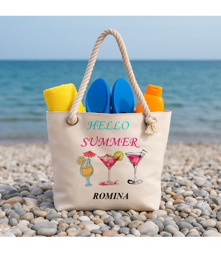 Geantă de plajă personalizată cu hello summer și nume