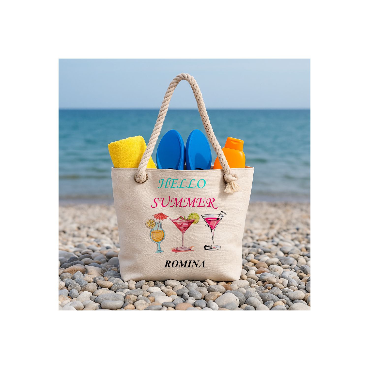 Geantă de plajă personalizată cu hello summer și nume
