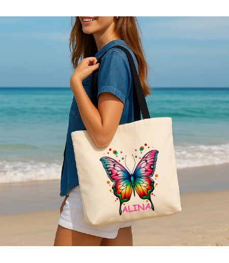 Geantă de plajă/cumpărături-personalizată fluture și nume