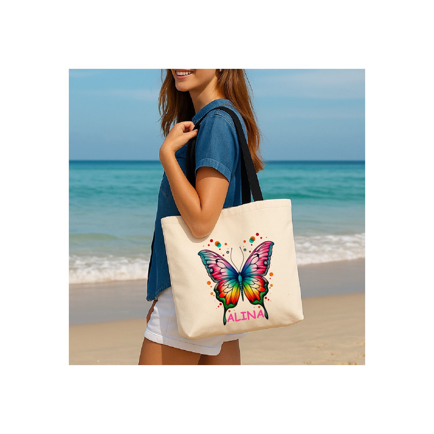 Geantă de plajă/cumpărături-personalizată fluture și nume