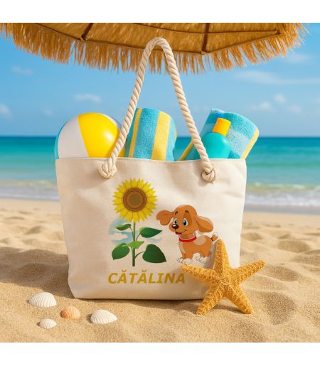 GEANTĂ DE PLAJĂ PERSONALIZATĂ CU CĂȚEL ȘI FLOAREA SOARELUI