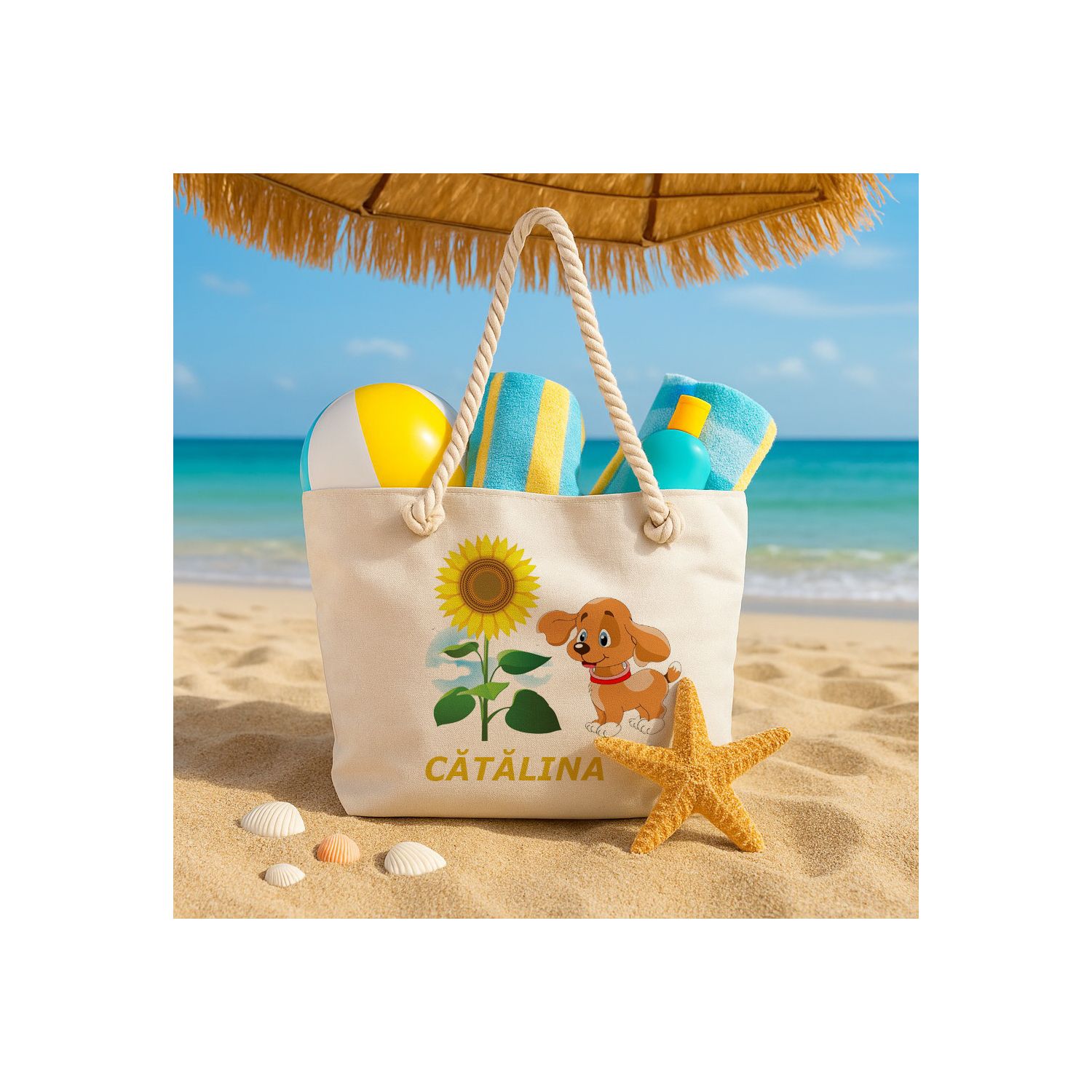 GEANTĂ DE PLAJĂ PERSONALIZATĂ CU CĂȚEL ȘI FLOAREA SOARELUI