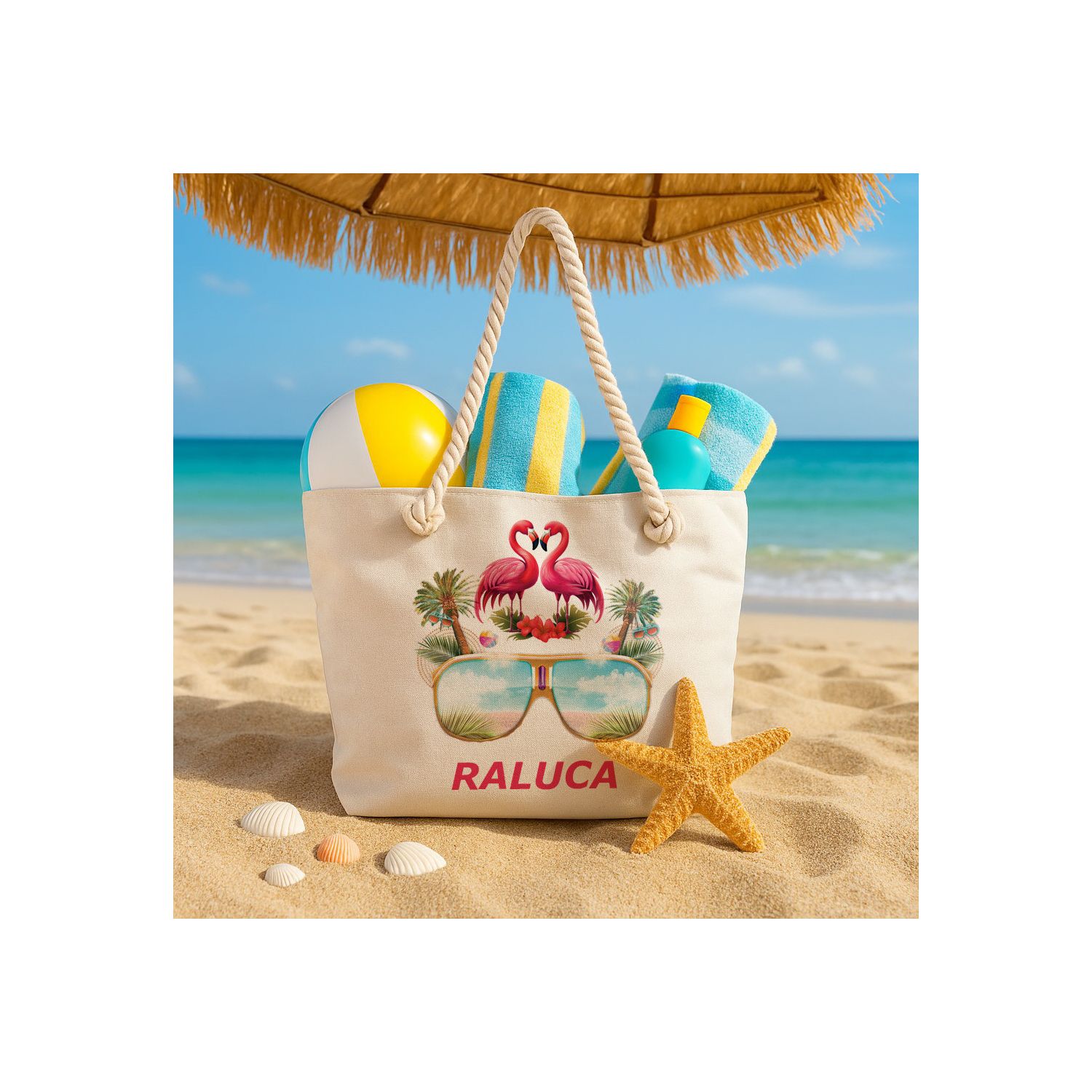 Geantă de plajă personalizată cu ochelari de soare și flamingo