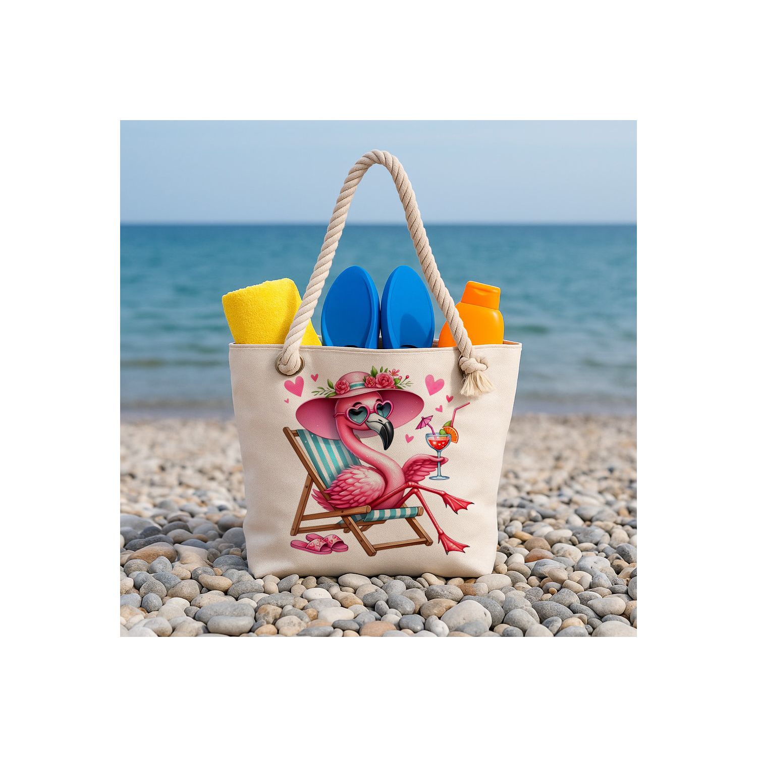 Geantă de plajă personalizată flamingo roz