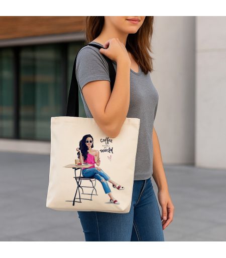 Geantă de plajă/cumpărături- personalizată girl and coffee