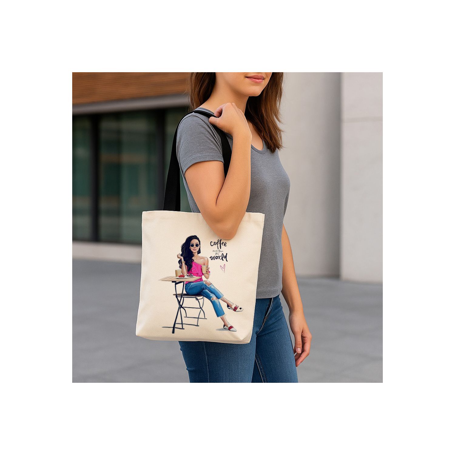 Geantă de plajă/cumpărături- personalizată girl and coffee