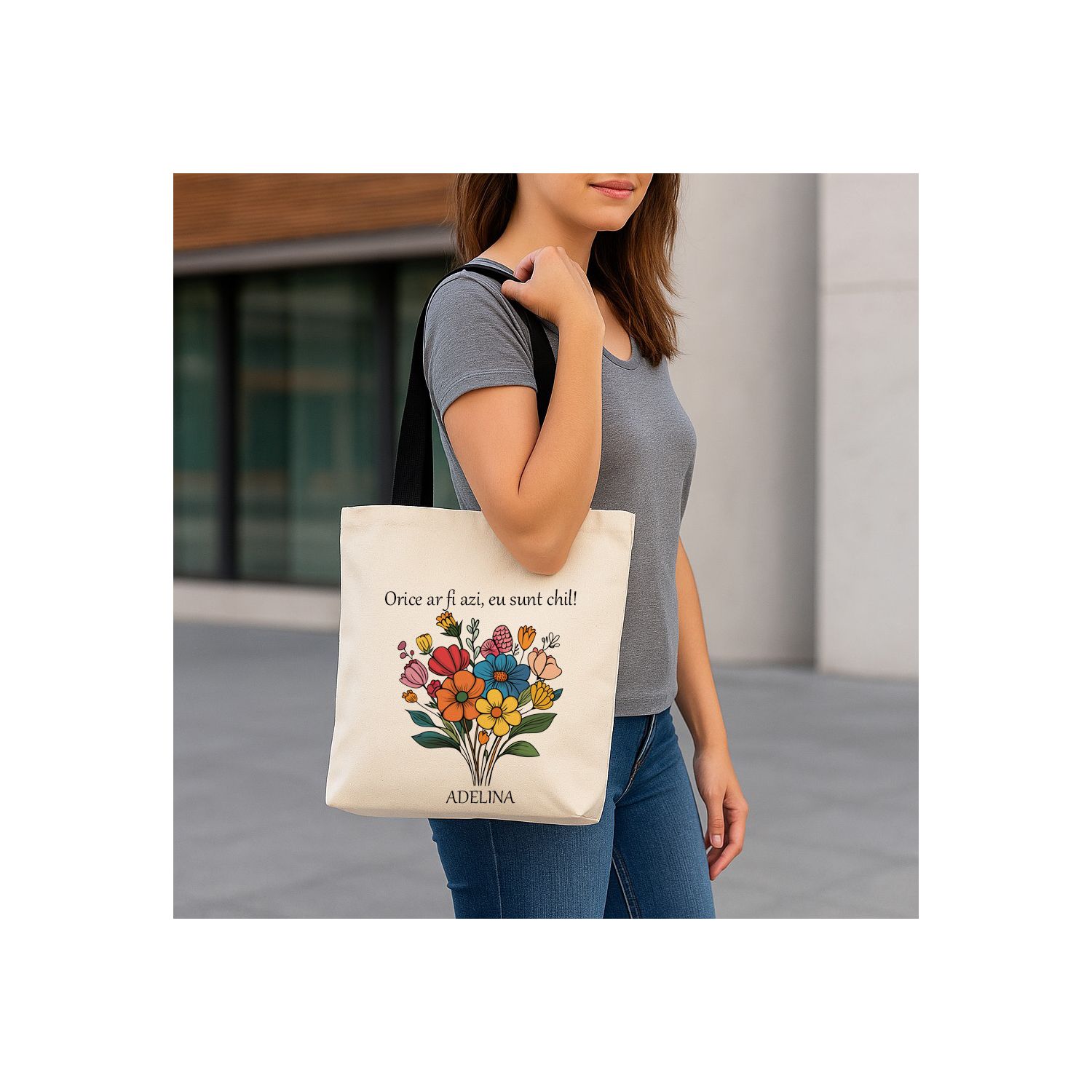 Geantă de plajă/cumpărături-personalizată buchet de flori