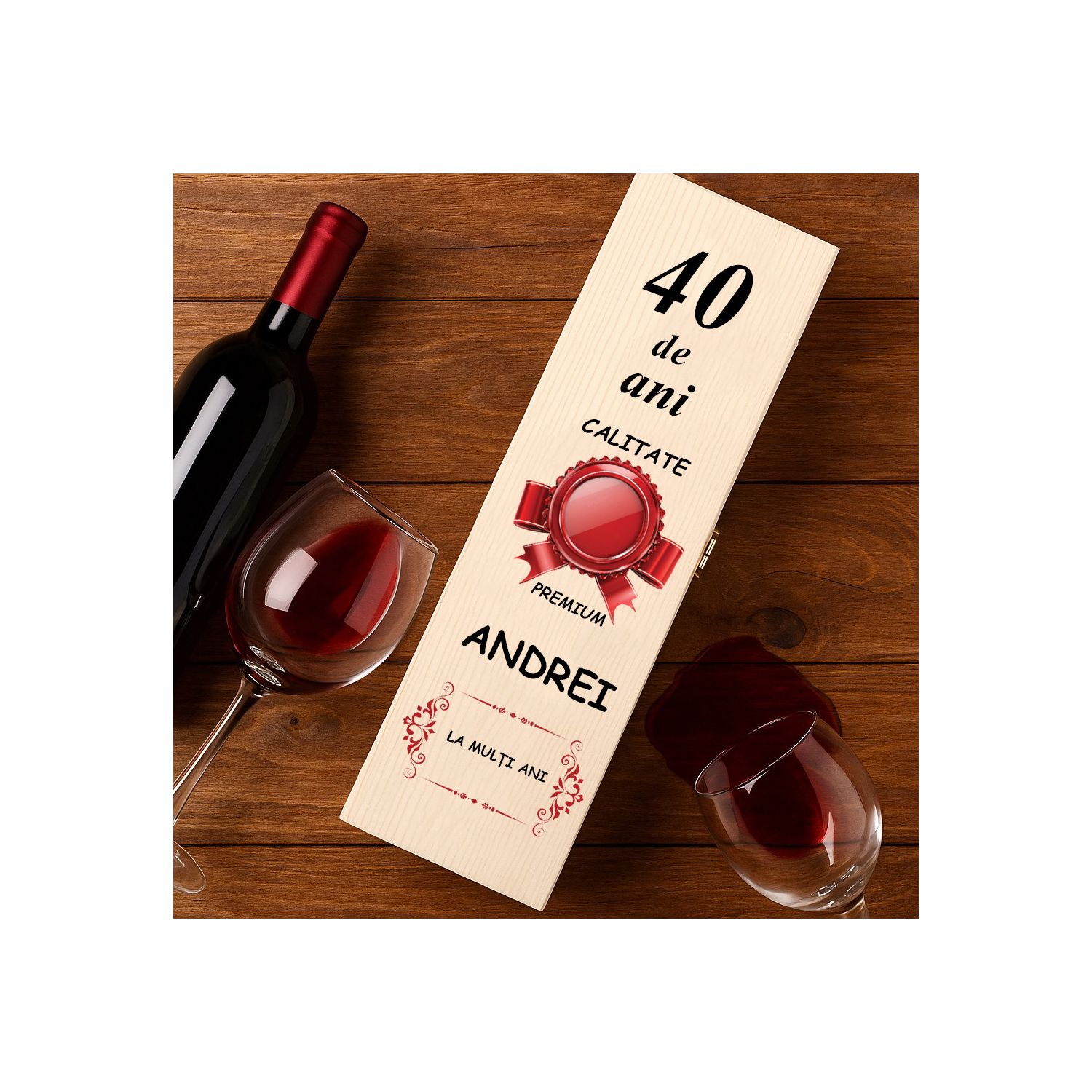 Cutie de vin personalizată cu nume și vârstă