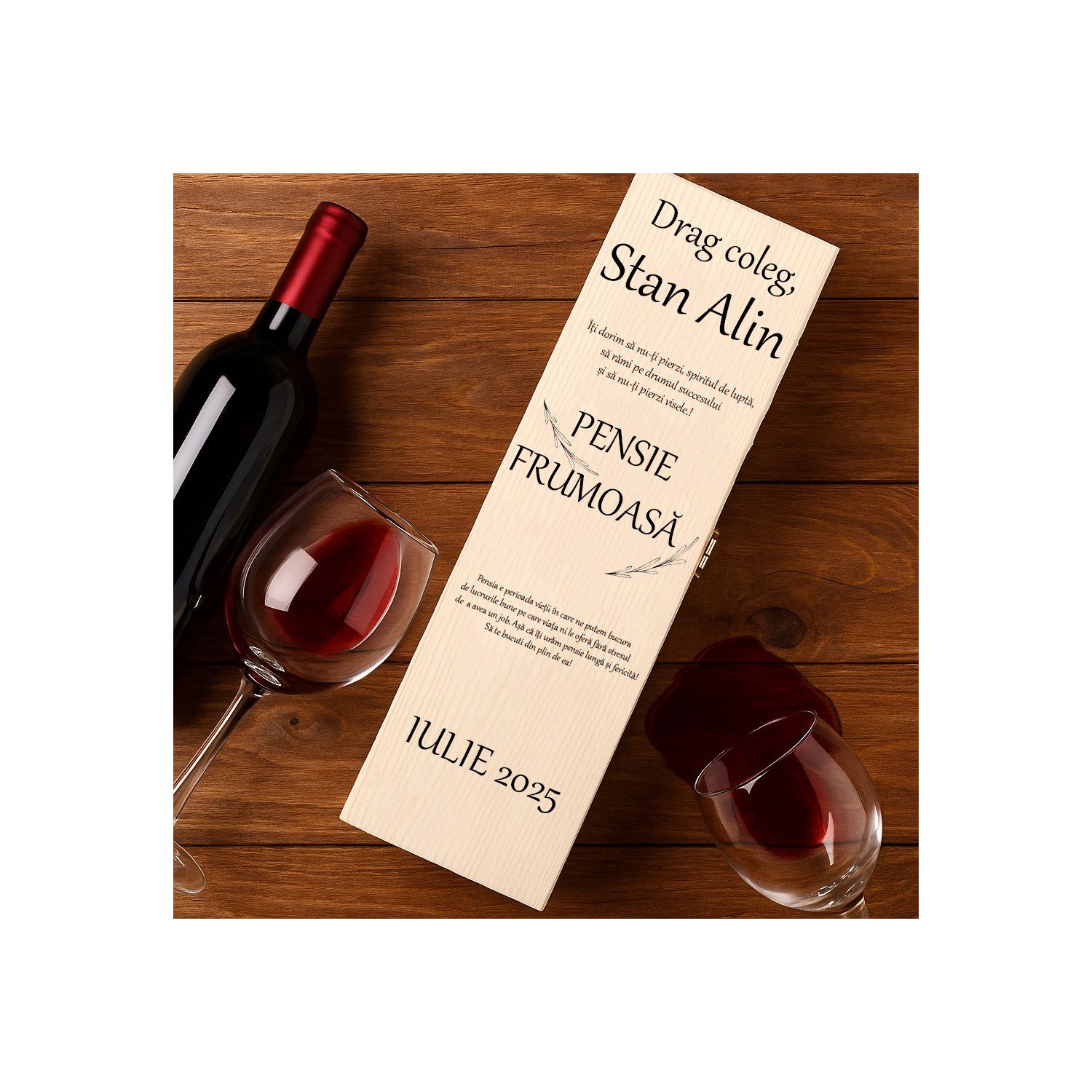 Cutie de vin personalizată pentru pensionare
