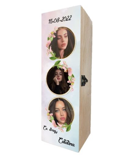 Cutie vin personalizata cu 3 poze si nume