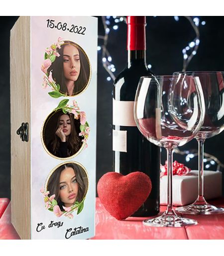 Cutie vin personalizata cu 3 poze si nume