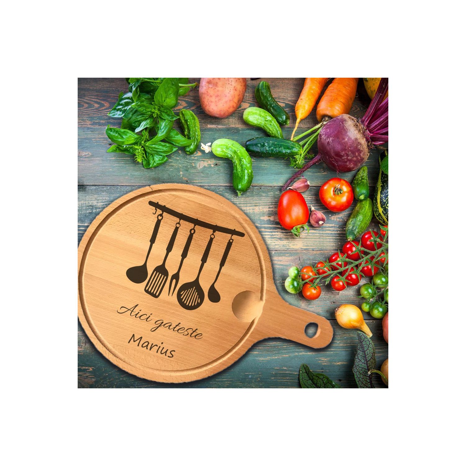 Tocator personalizat rotund ustensile si nume