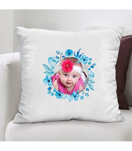 Perna personalizata cu poza si flori albastre